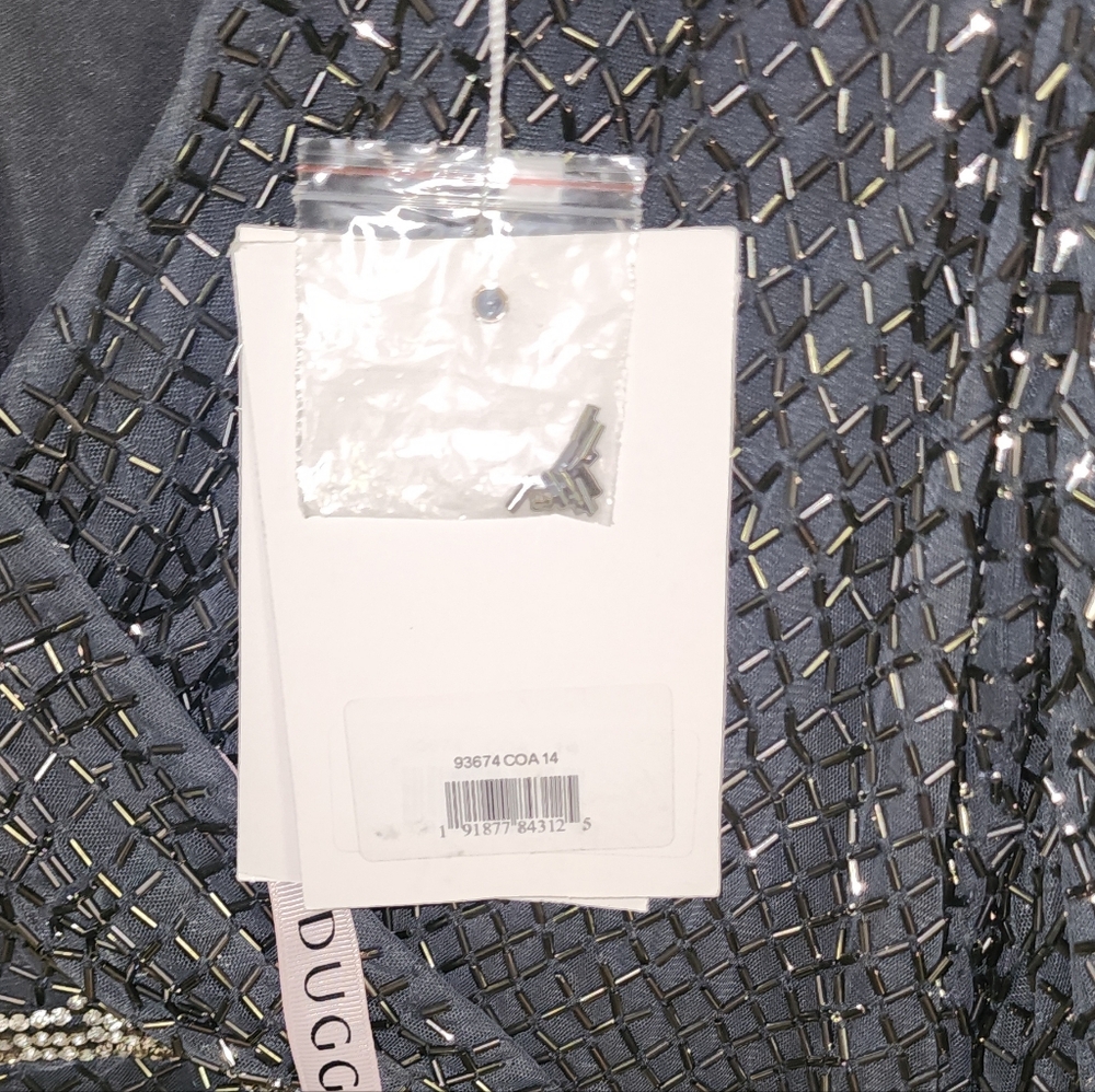NWT- Mac Duggal Gray Beaded Wrap Over Puff Sleeve Dress Sz 14 - Picture 6 of 12
